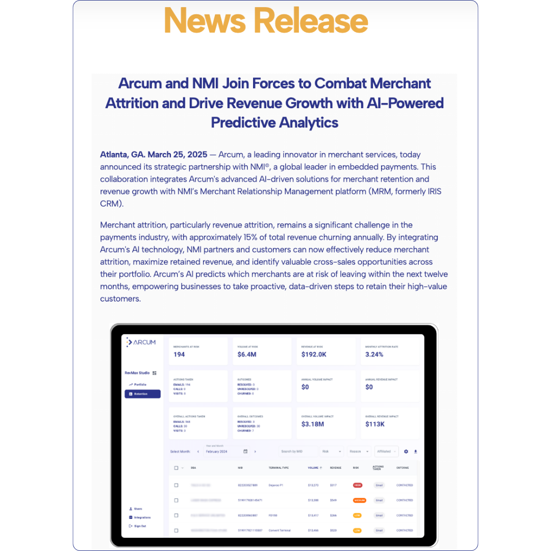 Arcum and NMI Join Forces to Combat Merchant Attrition and Drive Revenue Growth with AI-Powered Predictive Analytics